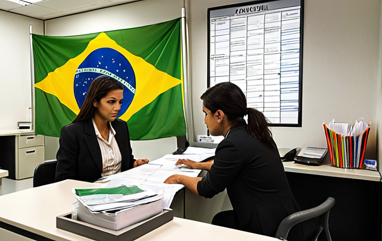 **

"A busy administrative office scene in Brazil. A helpful "Técnico Administrativo" is assisting a citizen with paperwork at a public service counter. Focus on the interaction and the helpful nature of the public servant. Incorporate elements of Brazilian culture in the background – perhaps a subtle flag or artwork. The overall tone should be positive and efficient, reflecting the importance of public service. High detail, realistic lighting."

**