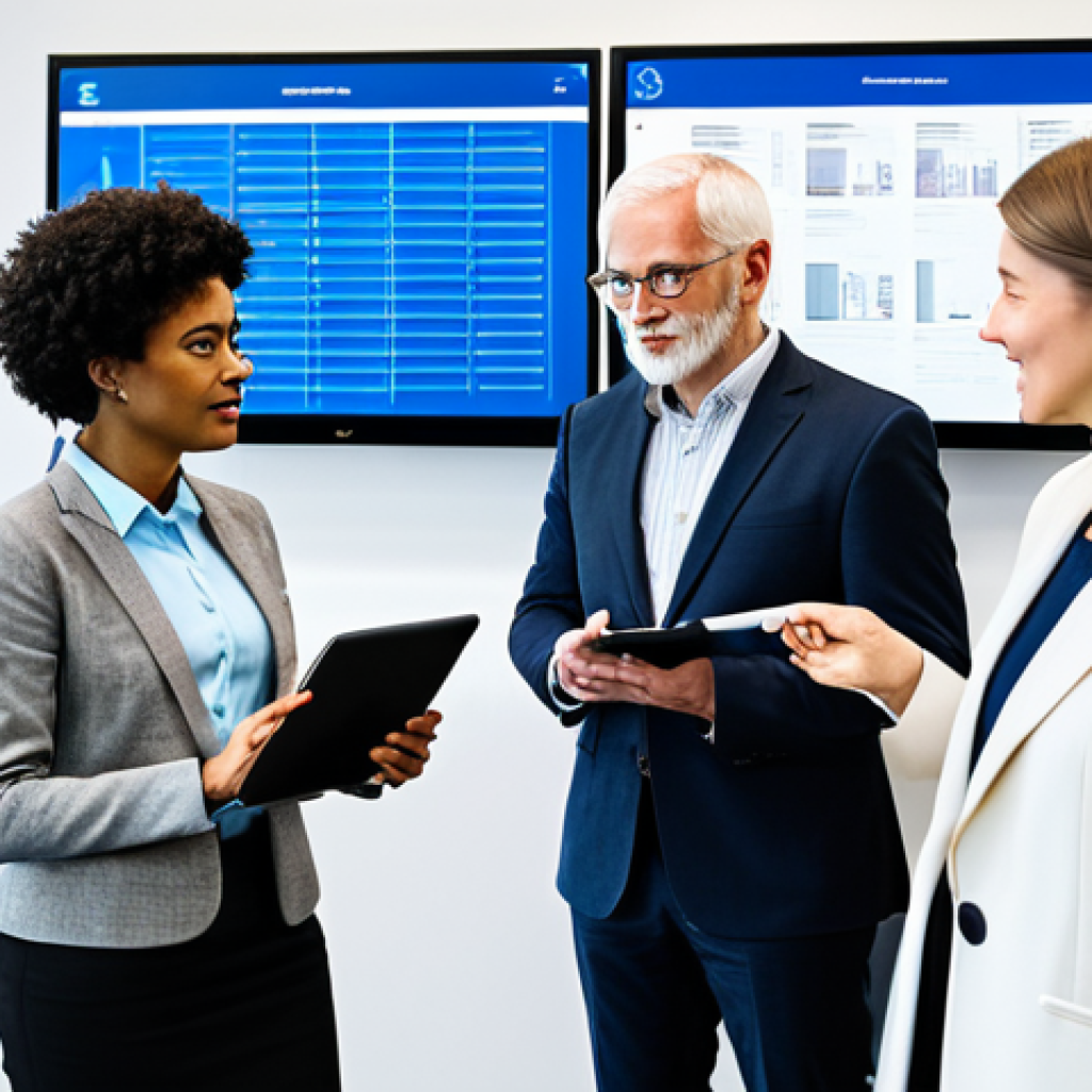A diverse group of city hall professionals and citizens, fully clothed in modest business and appropriate casual attire, actively engaged in a modern, brightly lit municipal office. One younger professional guides an older colleague on a tablet, while another points to a digital dashboard on a large screen, symbolizing the digital transformation journey. Stacks of traditional paper files are visible but diminishing, representing the shift away from old bureaucracy. The atmosphere is collaborative and forward-looking, emphasizing inclusion and efficiency. safe for work, appropriate content, professional, perfect anatomy, correct proportions, natural pose, well-formed hands, proper finger count, natural body proportions.