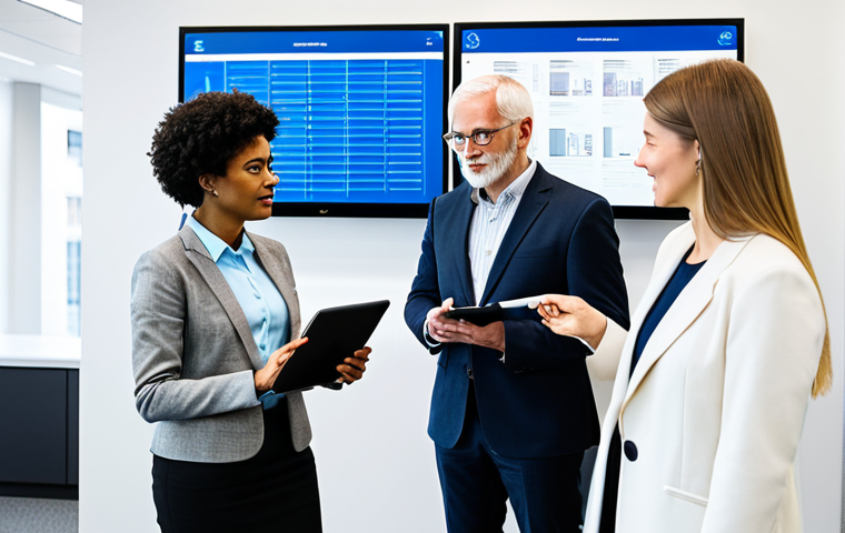 A diverse group of city hall professionals and citizens, fully clothed in modest business and appropriate casual attire, actively engaged in a modern, brightly lit municipal office. One younger professional guides an older colleague on a tablet, while another points to a digital dashboard on a large screen, symbolizing the digital transformation journey. Stacks of traditional paper files are visible but diminishing, representing the shift away from old bureaucracy. The atmosphere is collaborative and forward-looking, emphasizing inclusion and efficiency. safe for work, appropriate content, professional, perfect anatomy, correct proportions, natural pose, well-formed hands, proper finger count, natural body proportions.