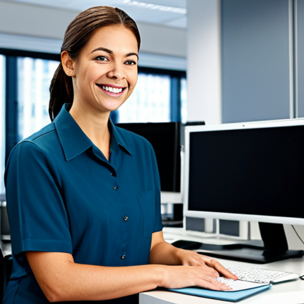Streamlined Office**

"A modern office scene with a smiling, fully clothed administrative technician working at a clean desk with a computer displaying a document management system. Shelves in the background are neatly organized, but mostly empty thanks to digitalization. Focus on efficiency and calm. Appropriate content, safe for work, professional environment, perfect anatomy, natural proportions, modest clothing."

**