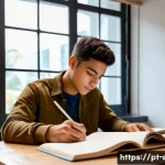 Home 21 자치행정사 교육 자료 활용법 - A focused study environment featuring a young adult Brazilian student sitting at a tidy wooden desk ...