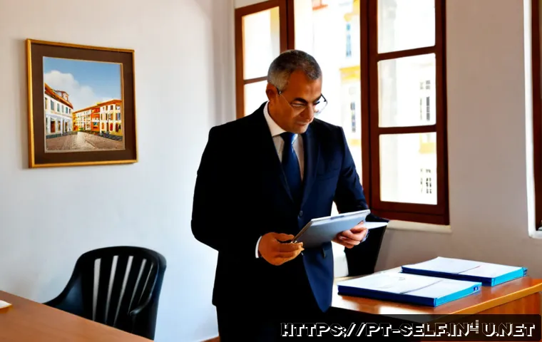 Home 17 자치행정사 자격증 활용법 - Photorealistic municipal administration consultant in a bright Portuguese town hall office, a confid...
